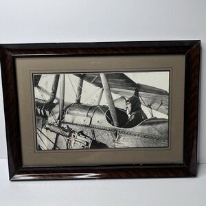 Rare Antique WW1 Aviation Photograph Early Biplane Pilot In Cockpit Framed